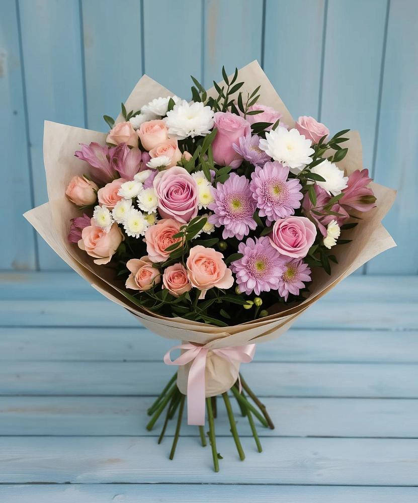 Букет цветов из: Хризантемы, Розы и Альстромерии в Лесогорском