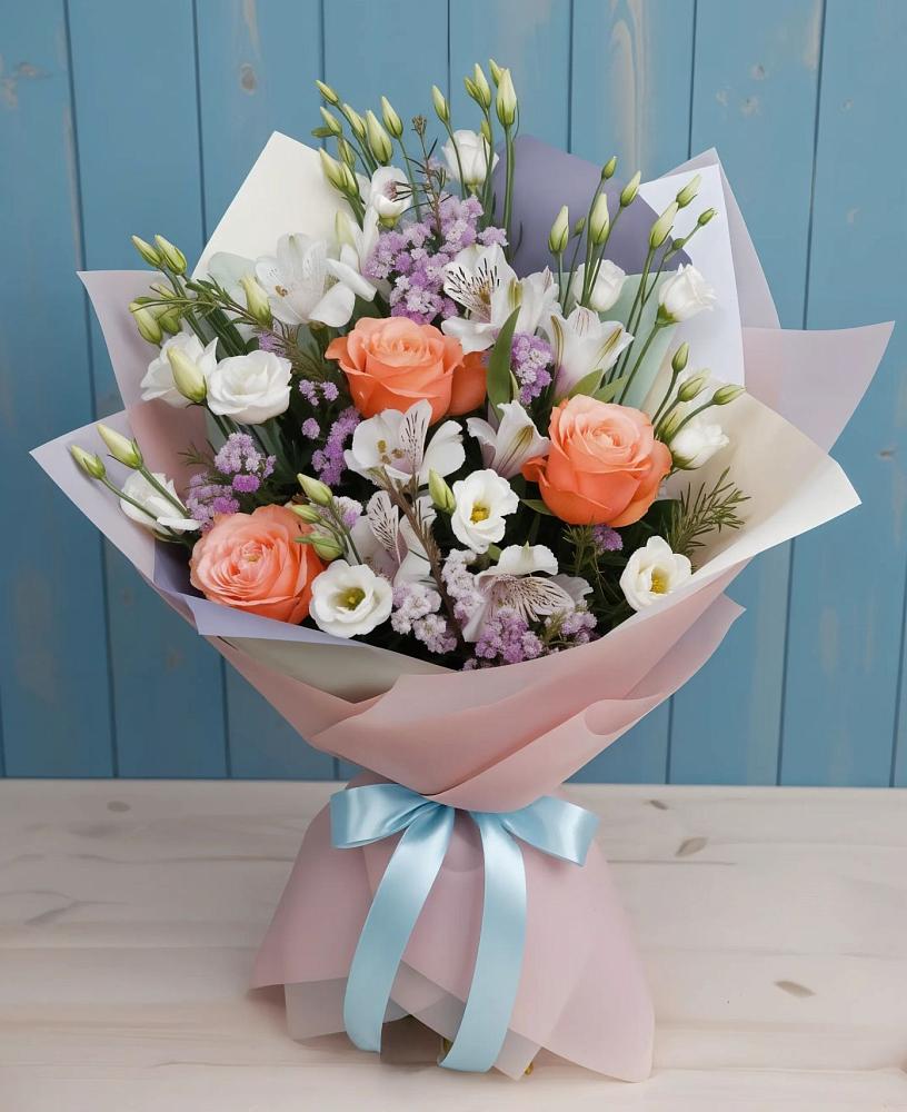 Букет цветов из: Лизиантусы, Розы, Альстромерии и Гипсофила в Лесогорском