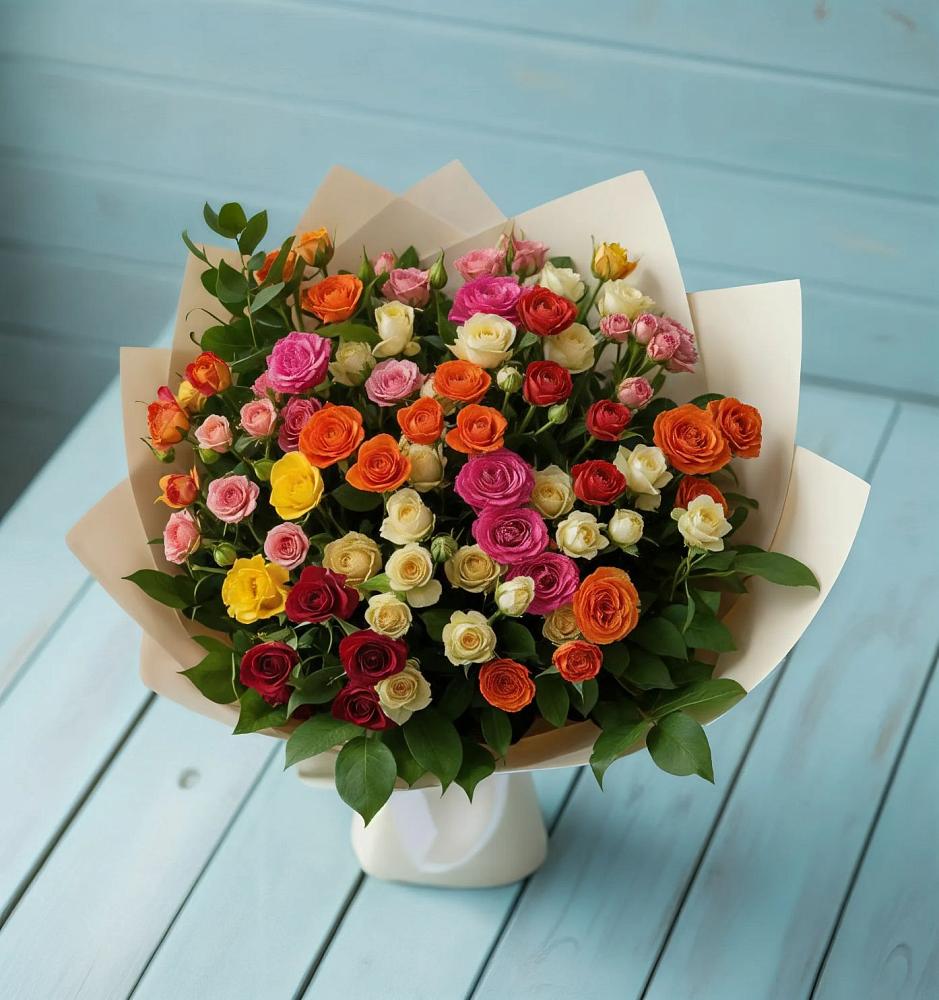 Букет Микс из разноцветных кустовых роз в Лесогорском