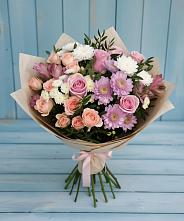 Букет цветов из:  Хризантемы, Розы и Альстромерии #REPLACE_PRED# Лесогорском