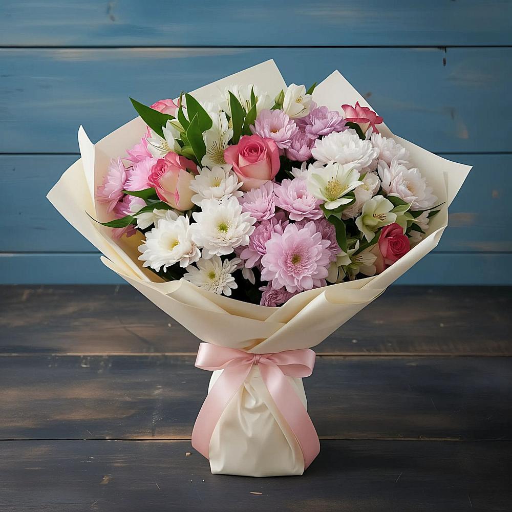 Букет цветов из: Хризантемы, Альстромерии и Розы в Лесогорском